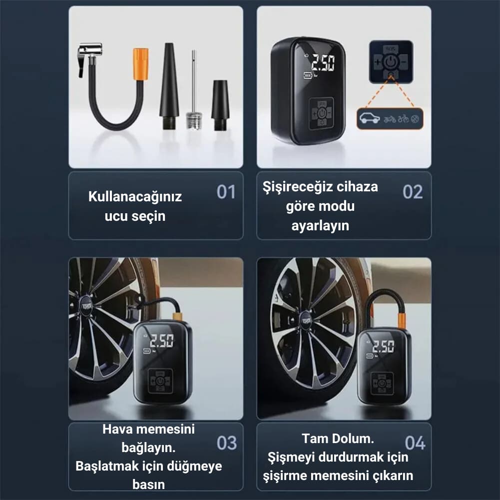 Taşınabilir Otomatik Mini Hava Kompresörü, Lastik Şişirme Pompası