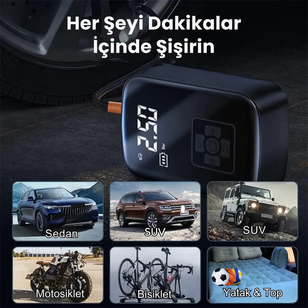 Taşınabilir Otomatik Mini Hava Kompresörü, Lastik Şişirme Pompası